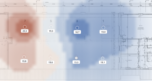 Plattegrond met meetpunten en de gemeten temperatuur per zone